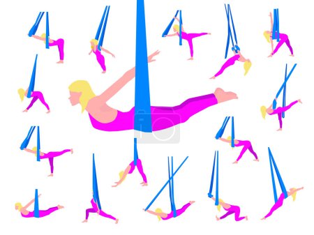 Illustration for Set of aerial yoga positions.Young blonde sporty woman in sportswear practicing Aerial Yoga in a hammock. Flat Vector Illustration. Aerial Yoga logo design idea - Royalty Free Image