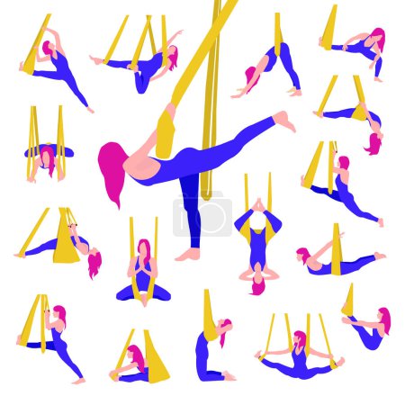 Illustration for Set of aerial yoga positions.Young girl or woman in sportswear practicing Aerial Yoga in a hammock. Flat Vector Illustration. Aerial Yoga logo design idea - Royalty Free Image