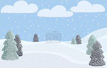 Illustration for Winter season landscape with texture fir trees, clouds, snowdrifts. Snow background, winter banner, template for greeting cards, advertisements, promotions. Vector illustration - Royalty Free Image