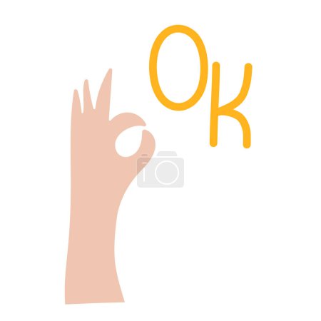 Ilustración de Mano mostrando Okey. Letras OK y dedos de gesto. Ilustración plana del vector - Imagen libre de derechos