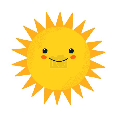 Smiling sun. Happy textured sun with face. Design element for prints, cups, plates, dishes, t-shirts and stickers for kids. Vector illustration