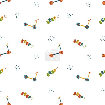 Doodle scooters and word BEEP. Funny seamless pattern for textiles and fabrics, wallpaper, wrapping paper for kids and babies. Vector illustration