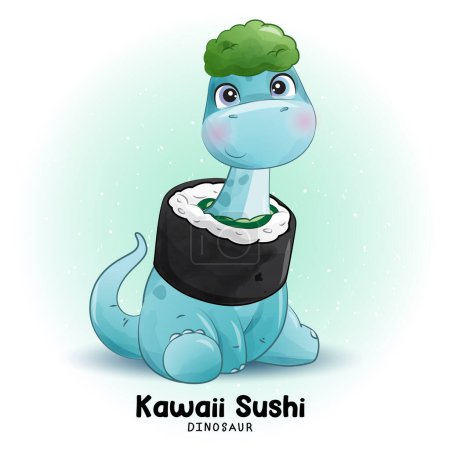 Illustration for Adorable Sushi Dinosaurs with watercolor illustration - Royalty Free Image