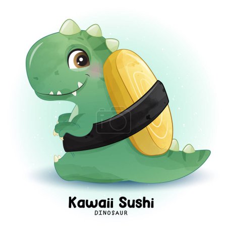 Téléchargez les illustrations : Adorables dinosaures Sushi avec illustration aquarelle - en licence libre de droit