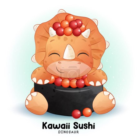 Téléchargez les illustrations : Adorables dinosaures Sushi avec illustration aquarelle - en licence libre de droit
