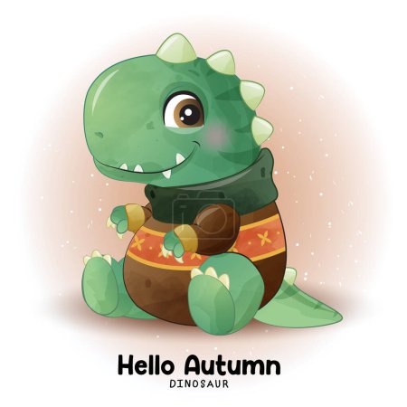 Illustration for Adorable Autumn Dinosaurs with watercolor illustration - Royalty Free Image