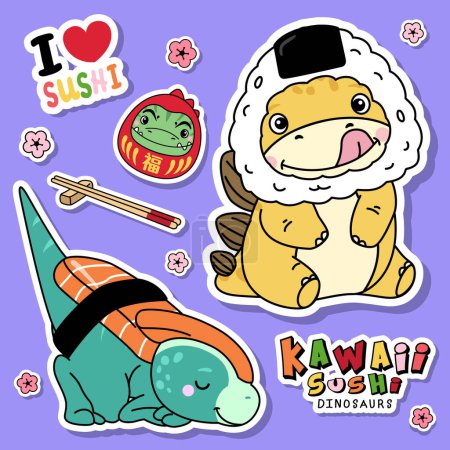 Téléchargez les illustrations : Adorable collection d'illustrations de dinosaures sushi - en licence libre de droit