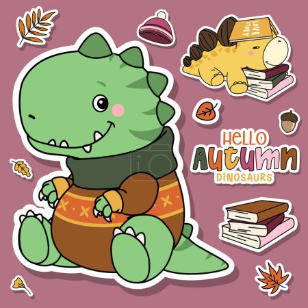Illustration for Adorable Autumn dinosaur illustration collection - Royalty Free Image