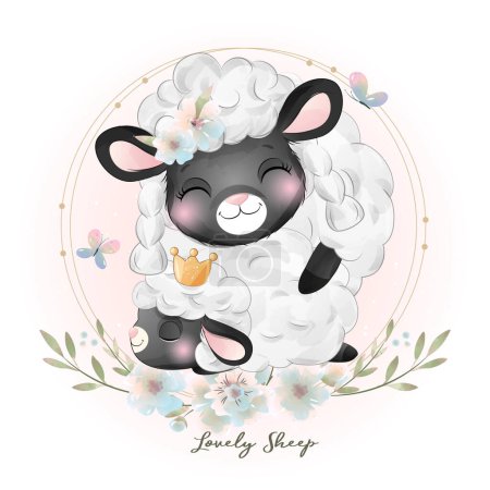 Illustration for Little Sheep with watercolor illustration - Royalty Free Image
