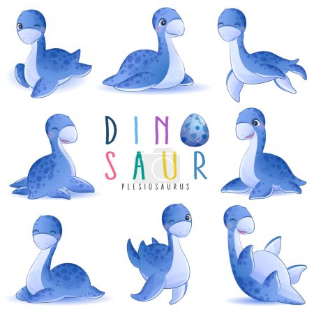 Téléchargez les illustrations : Mignon petit dinosaure pose avec illustration aquarelle - en licence libre de droit