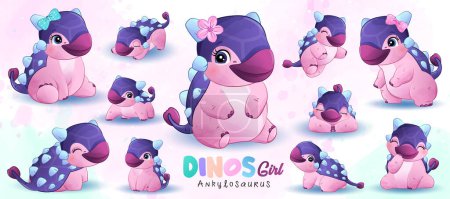 Illustration for Cute little dinosaur poses with watercolor illustration - Royalty Free Image