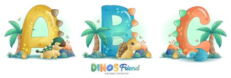 Téléchargez les illustrations : Petits amis dinosaures mignons avec illustration à l'aquarelle alphabet - en licence libre de droit