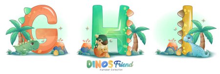 Illustration for Cute little dinosaur friends with alphabet watercolor illustration - Royalty Free Image