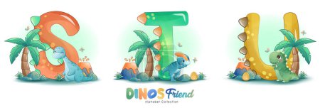 Ilustración de Lindos amigos dinosaurios con ilustración de acuarela alfabeto - Imagen libre de derechos