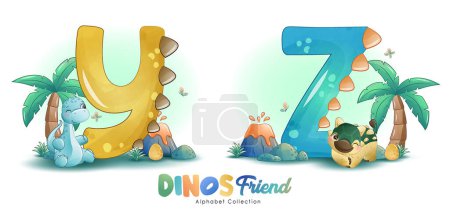 Téléchargez les illustrations : Petits amis dinosaures mignons avec illustration à l'aquarelle alphabet - en licence libre de droit
