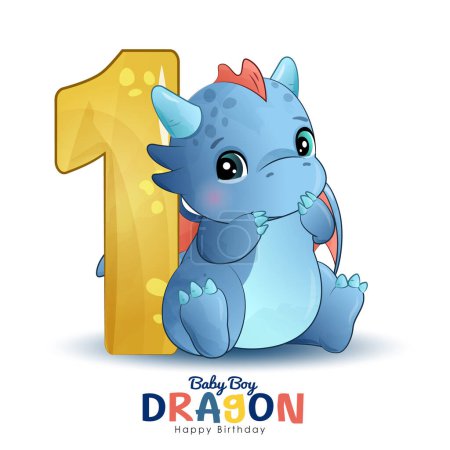 Téléchargez les illustrations : Mignon petit dragon numérotation avec illustration aquarelle - en licence libre de droit