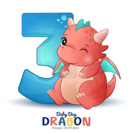 Ilustración de Lindo pequeño dragón numeración con ilustración de acuarela - Imagen libre de derechos