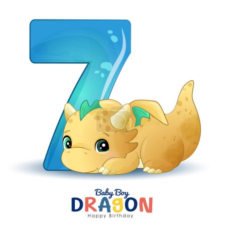 Ilustración de Lindo pequeño dragón numeración con ilustración de acuarela - Imagen libre de derechos