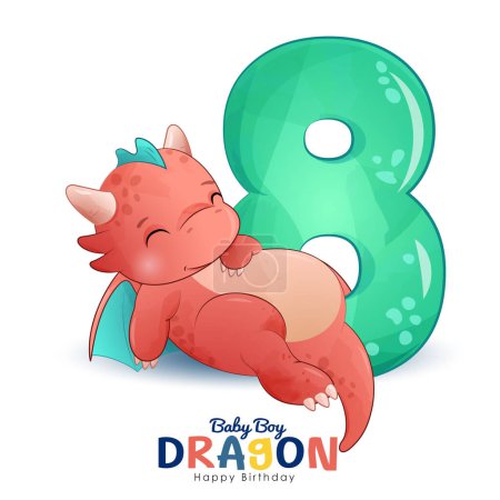Illustration for Cute little dragon numbering with watercolor illustration - Royalty Free Image