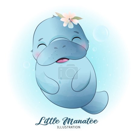 Cute little manatees with watercolor illustration