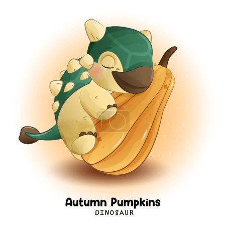 Illustration for Doodle dinosaur Autumn Pumpkins collection with watercolor illustration - Royalty Free Image