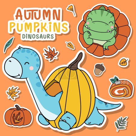 Illustration for Doodle dinosaur Autumn Pumpkins illustration collection - Royalty Free Image