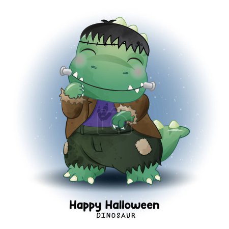 Illustration for Doodle dinosaur halloween with watercolor illustration - Royalty Free Image