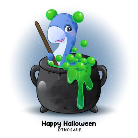 Illustration for Doodle dinosaur halloween with watercolor illustration - Royalty Free Image