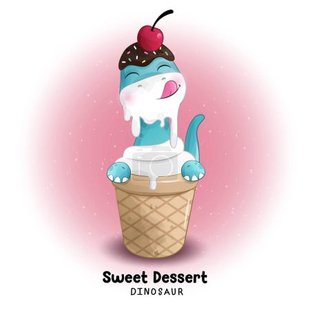 Téléchargez les illustrations : Doodle dinosaure dessert sucré avec illustration aquarelle - en licence libre de droit