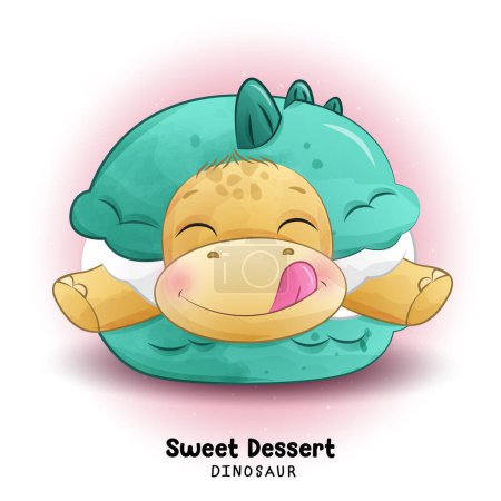 Illustration for Doodle dinosaur sweet dessert with watercolor illustration - Royalty Free Image