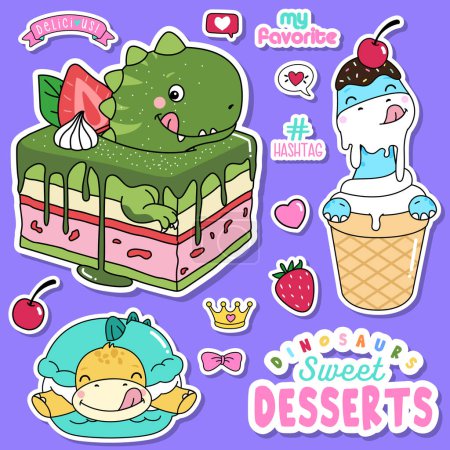 Illustration for Doodle dinosaur sweet dessert illustration collection - Royalty Free Image