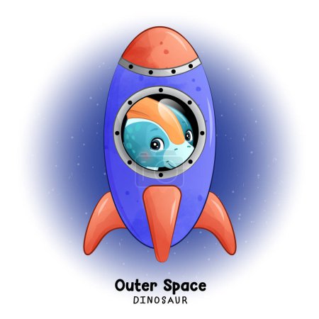 Illustration for Doodle dinosaur outer space with watercolor illustration - Royalty Free Image