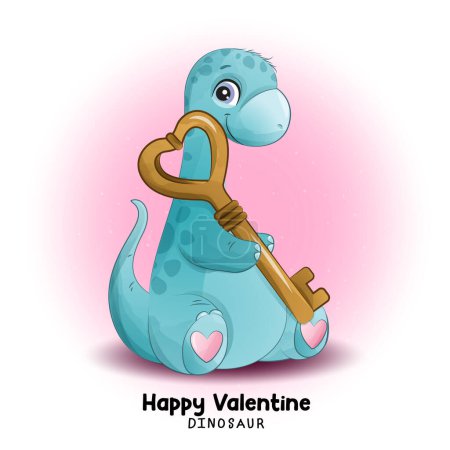 Illustration for Doodle dinosaur valentine with watercolor illustration - Royalty Free Image