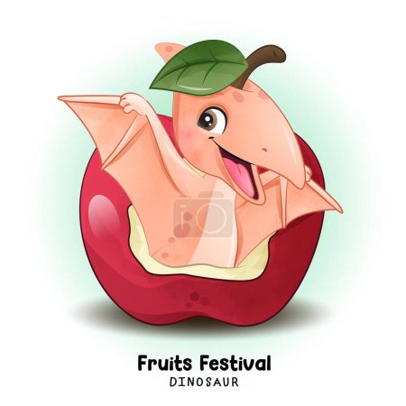 Téléchargez les illustrations : Doodle dinosaure festival de fruits avec illustration aquarelle - en licence libre de droit