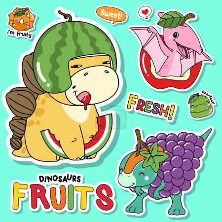Téléchargez les illustrations : Doodle dinosaures fruits festival illustration collection - en licence libre de droit