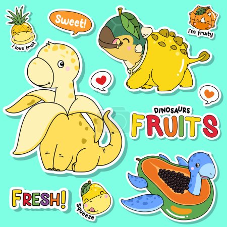 Illustration for Doodle dinosaurs fruits festival illustration collection - Royalty Free Image