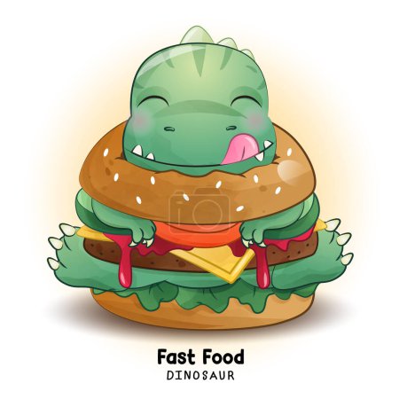 Téléchargez les illustrations : Doodle dinosaure fast food avec illustration aquarelle - en licence libre de droit