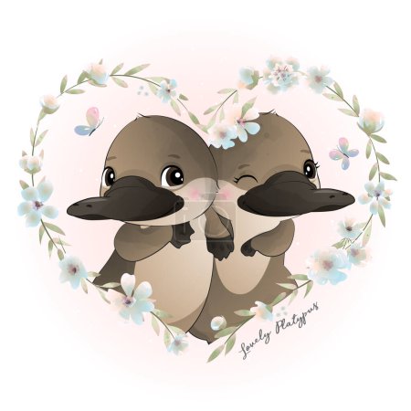 Téléchargez les illustrations : Mignon petit ornithorynque avec illustration d'aquarelle florale - en licence libre de droit