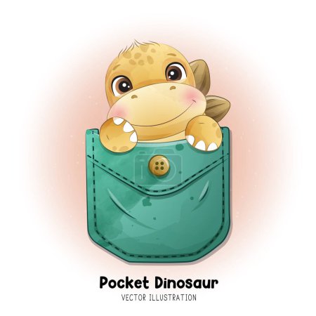 Illustration for Doodle dinosaur pocket with watercolor illustration - Royalty Free Image
