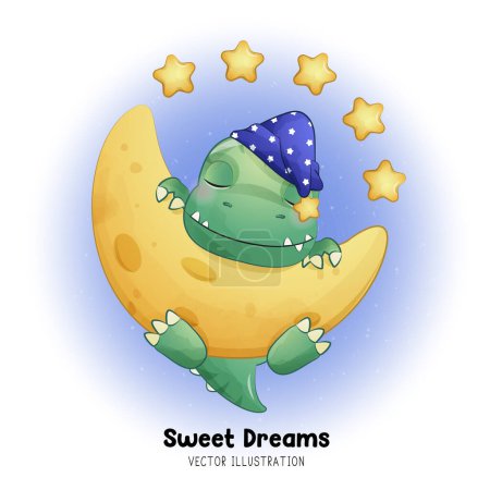 Ilustración de Doodle dinosaurio durmiendo en la luna con la ilustración de acuarela - Imagen libre de derechos