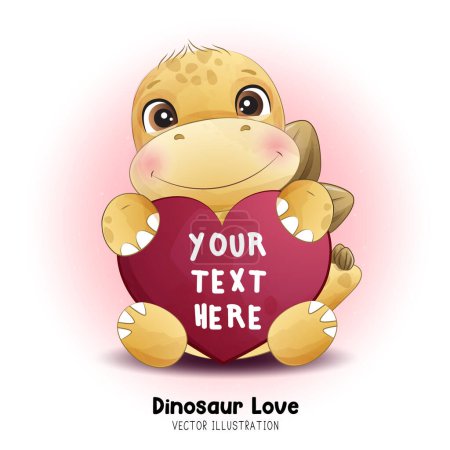 Téléchargez les illustrations : Dinosaure Doodle tenant coeur avec illustration aquarelle - en licence libre de droit
