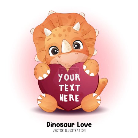 Ilustración de Doodle dinosaurio sosteniendo el corazón con ilustración de acuarela - Imagen libre de derechos