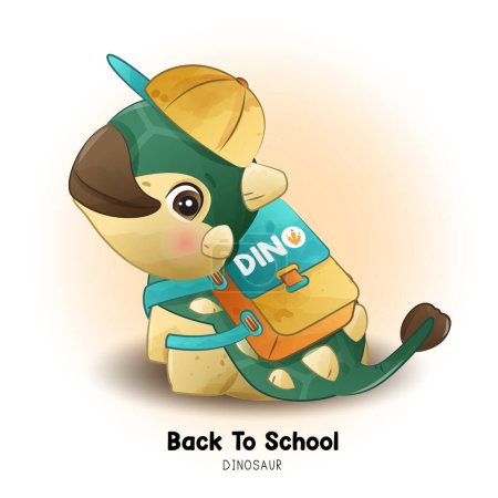 Téléchargez les illustrations : Doodle Dinosaure de retour à l'école avec illustration aquarelle - en licence libre de droit