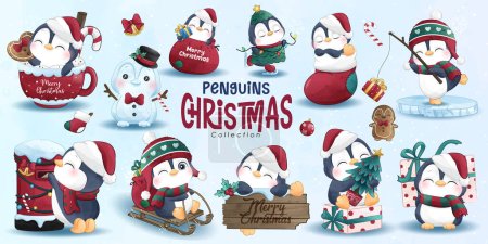 Illustration for Adorable penguins christmas collection with watercolor illustration - Royalty Free Image