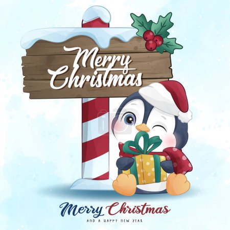 Illustration for Adorable penguin christmas with watercolor illustration - Royalty Free Image