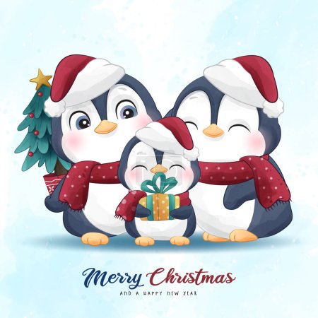 Illustration for Adorable penguins christmas with watercolor illustration - Royalty Free Image