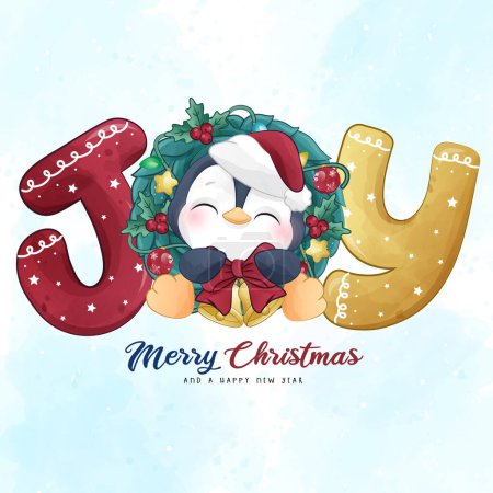 Téléchargez les illustrations : Adorable pingouin Noël avec illustration à l'aquarelle - en licence libre de droit