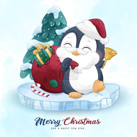 Ilustración de Adorable pingüino navidad con ilustración de acuarela - Imagen libre de derechos