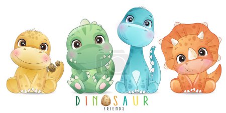 Ilustración de Dinosaurios adorables posa con ilustración de acuarela - Imagen libre de derechos