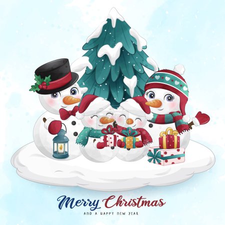 Illustration for Adorable snowman christmas with watercolor illustration - Royalty Free Image